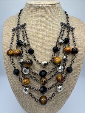 Hand Crafted Tiger Eye and Black Multi-Strand Statement Necklace